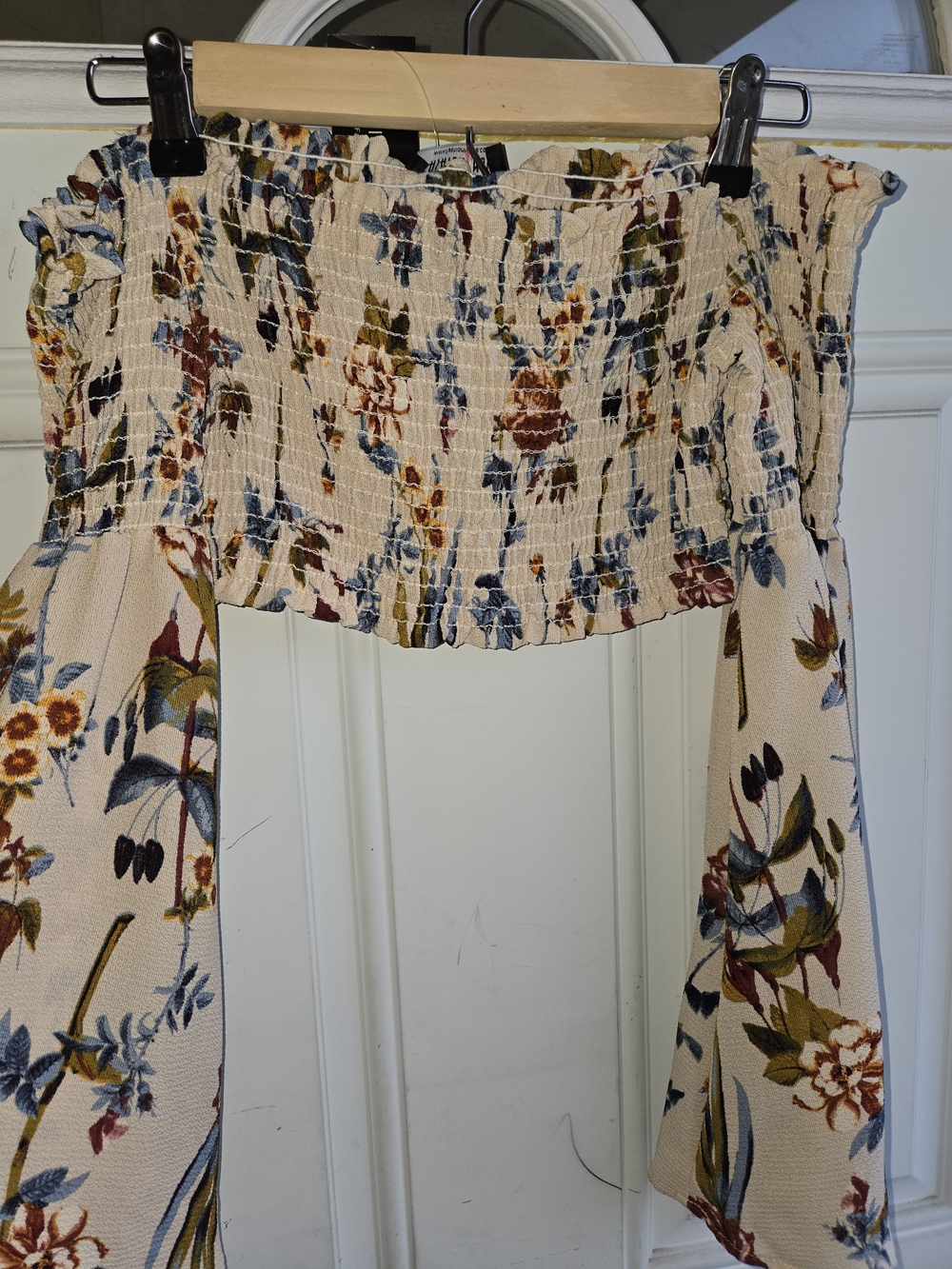 Fashion Nova Cream Floral Smocked Off-Shoulder Crop Top